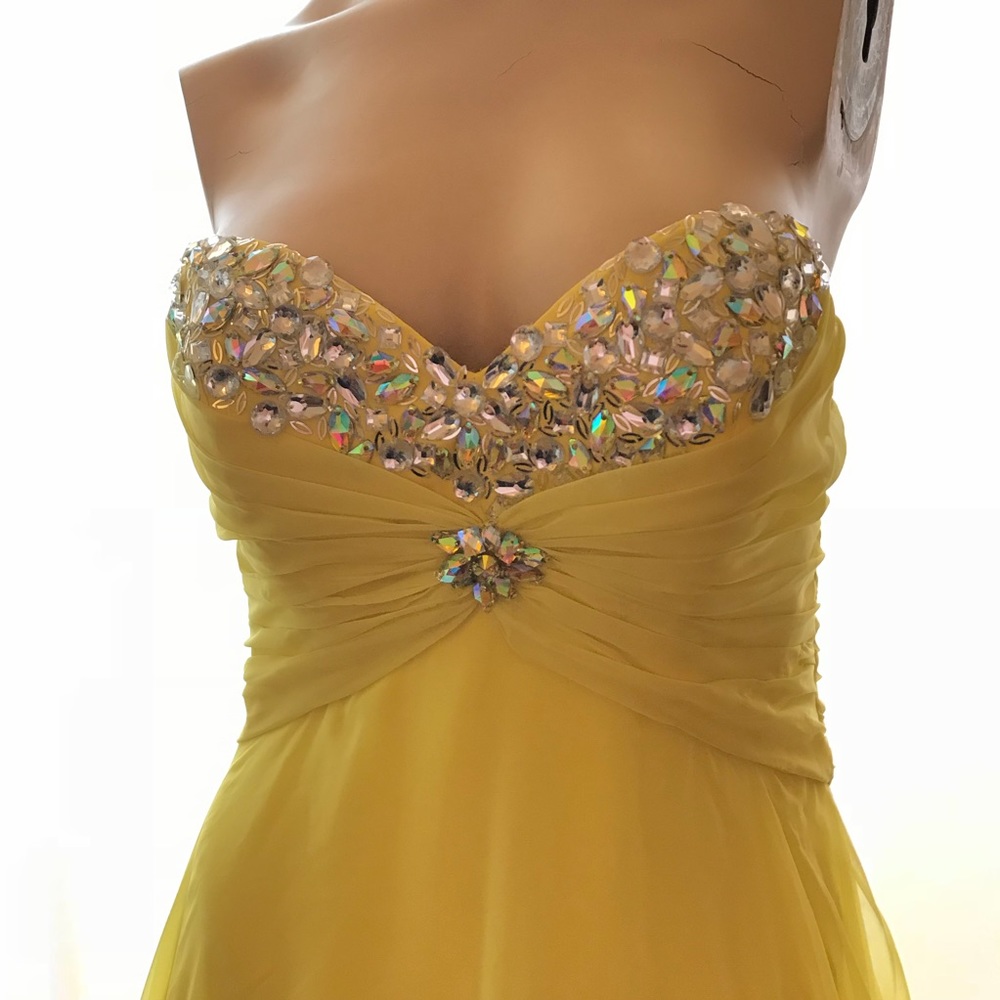 Yellow Mori Lee Beaded Jeweled Long Gown Formal Dress - Picture 3 of 9
